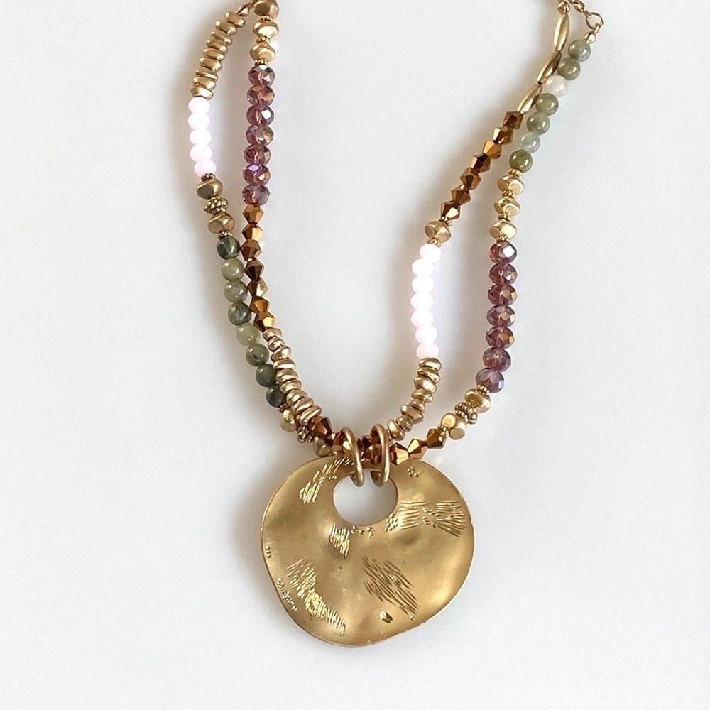 Necklace Fashion Statement Beaded Hammered Disc Pendant 20”+3”